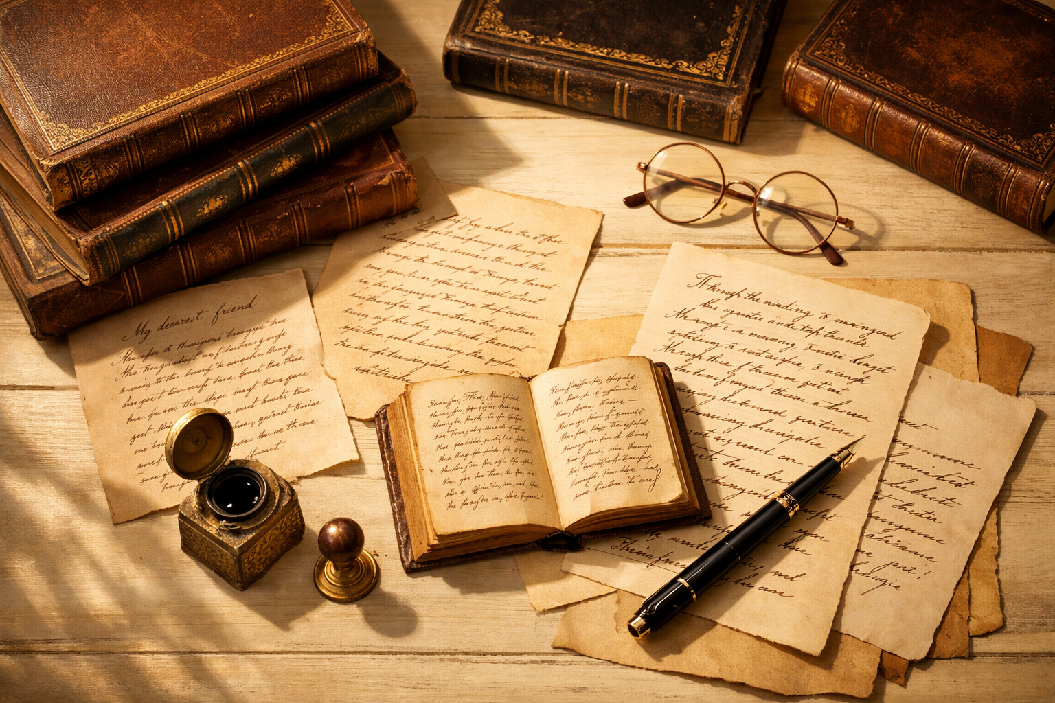 Literary workspace with books and manuscripts